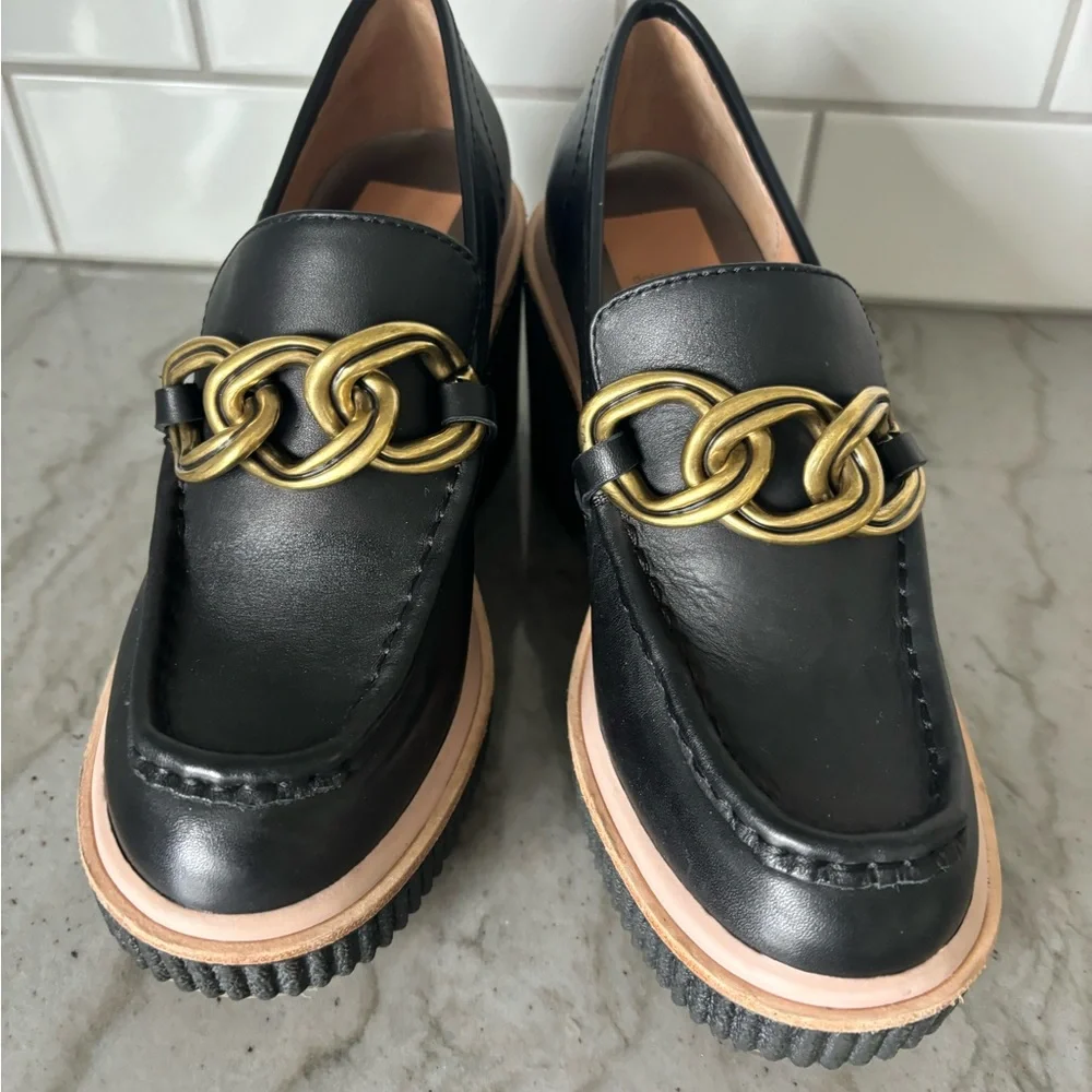 Dolce Vita Black Leather Platform Loafers with Gold Chain size 7 - Picture 2 of 6
